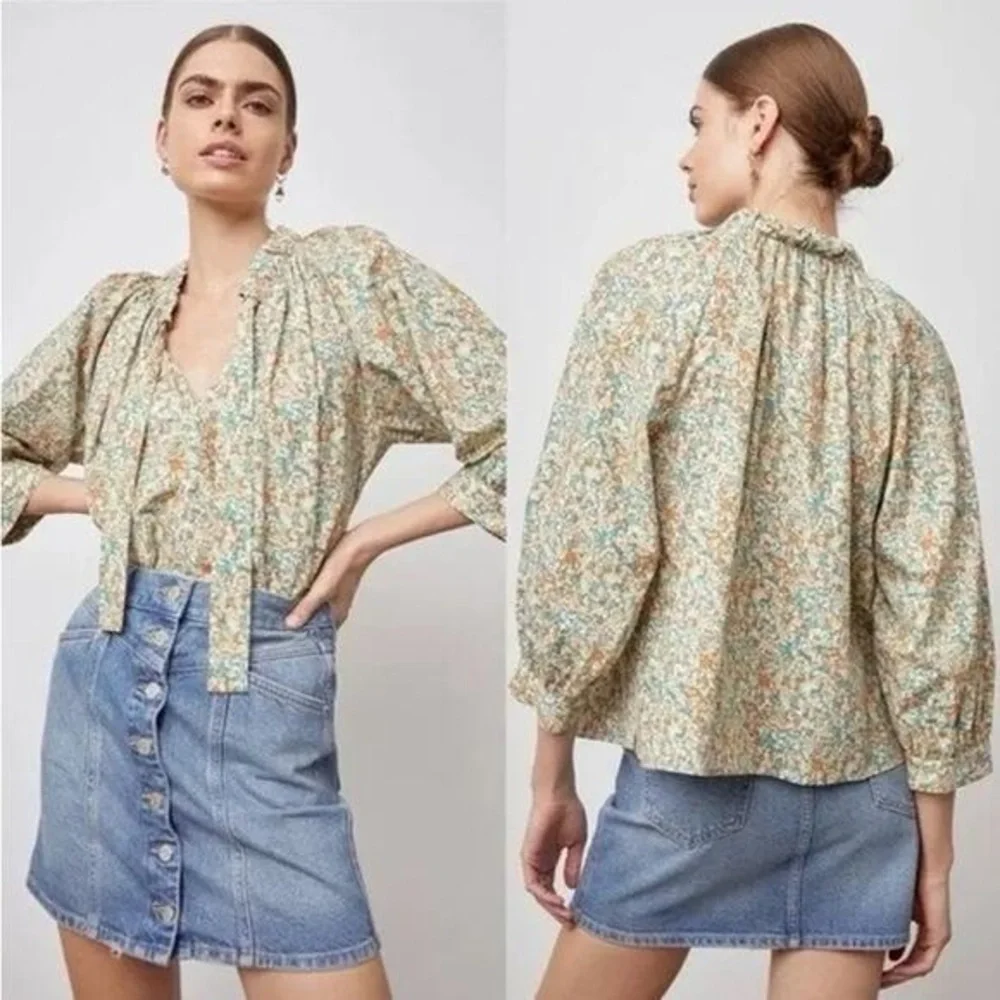 Rails Amal Relaxed Tie Neck in Cassia Multicolor Cotton Blend Floral Blouse